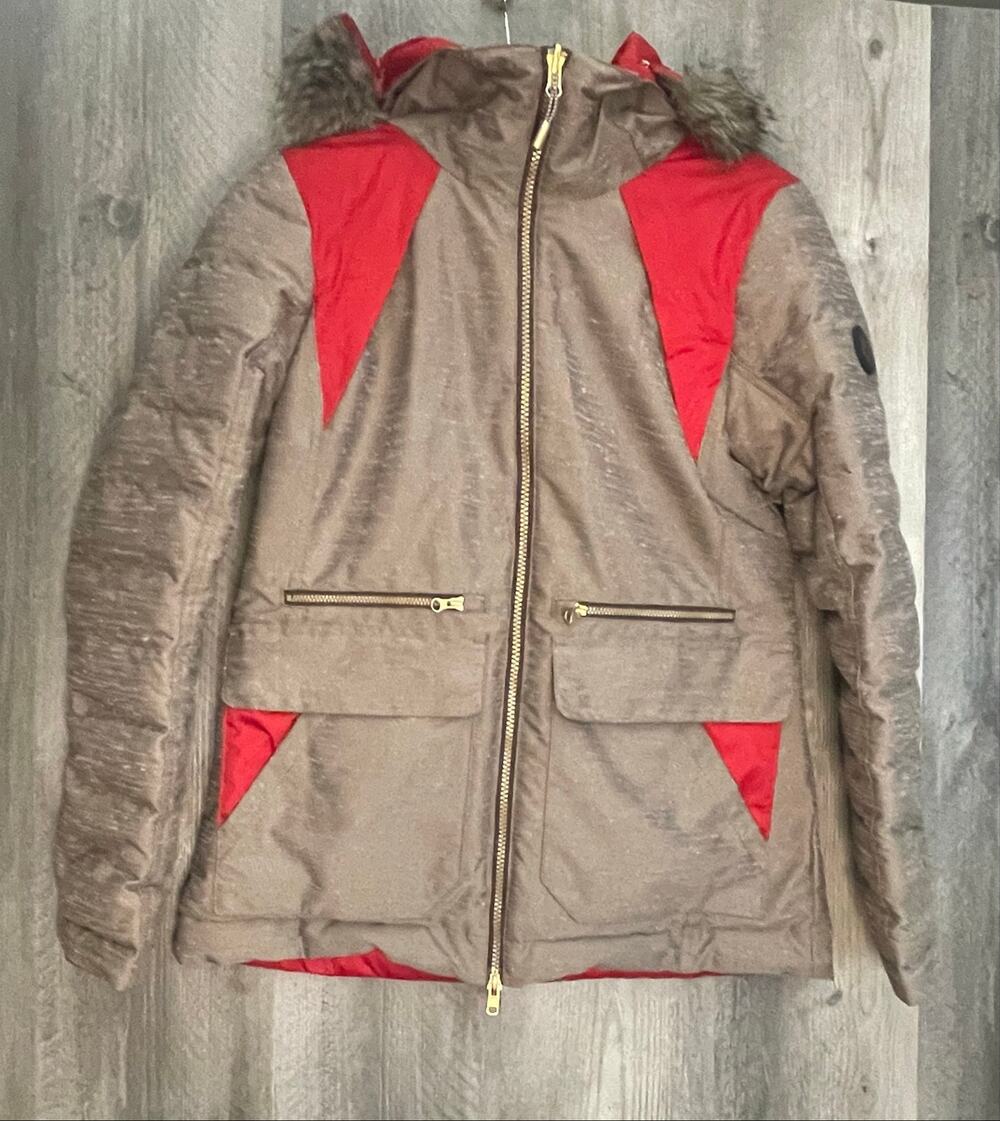Lolë Shine Reversible Puffer Jacket Women S Red Taupe Faux Fur Hood Winter Coat